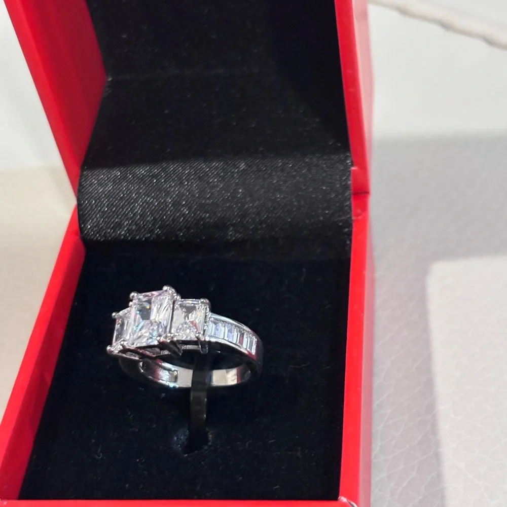 Peermont Jewelry Silver Radiant Cut Three Stone Baguette Ring Size 5 NWT